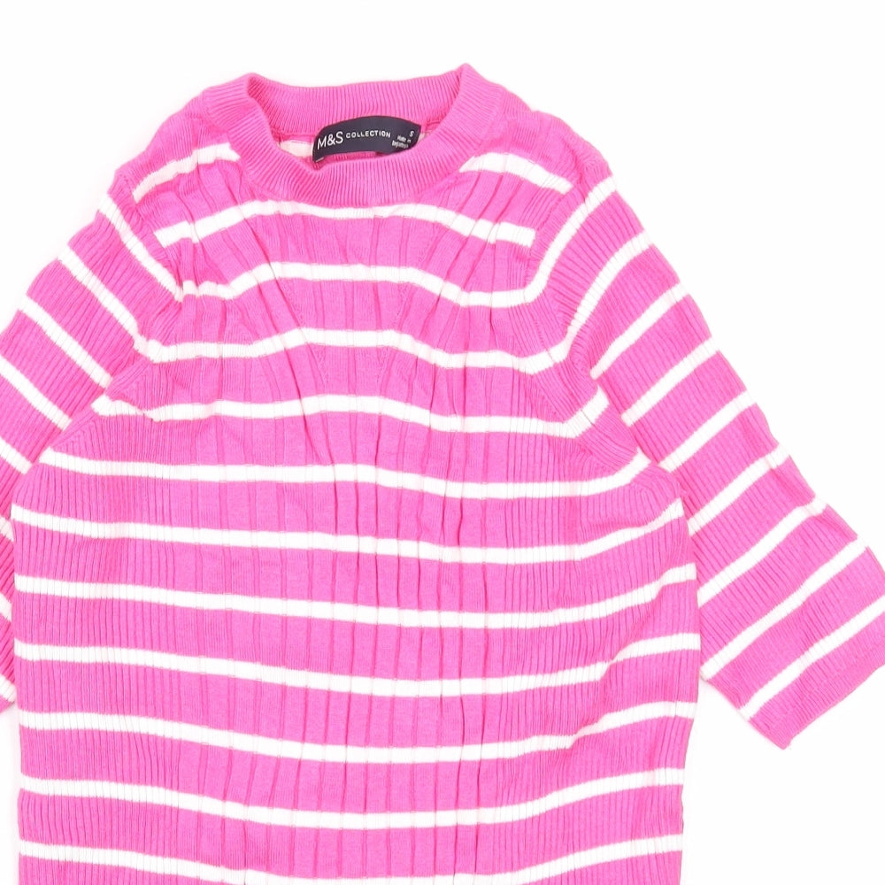 Marks and Spencer Womens Pink Round Neck Striped Viscose Pullover Jumper Size S