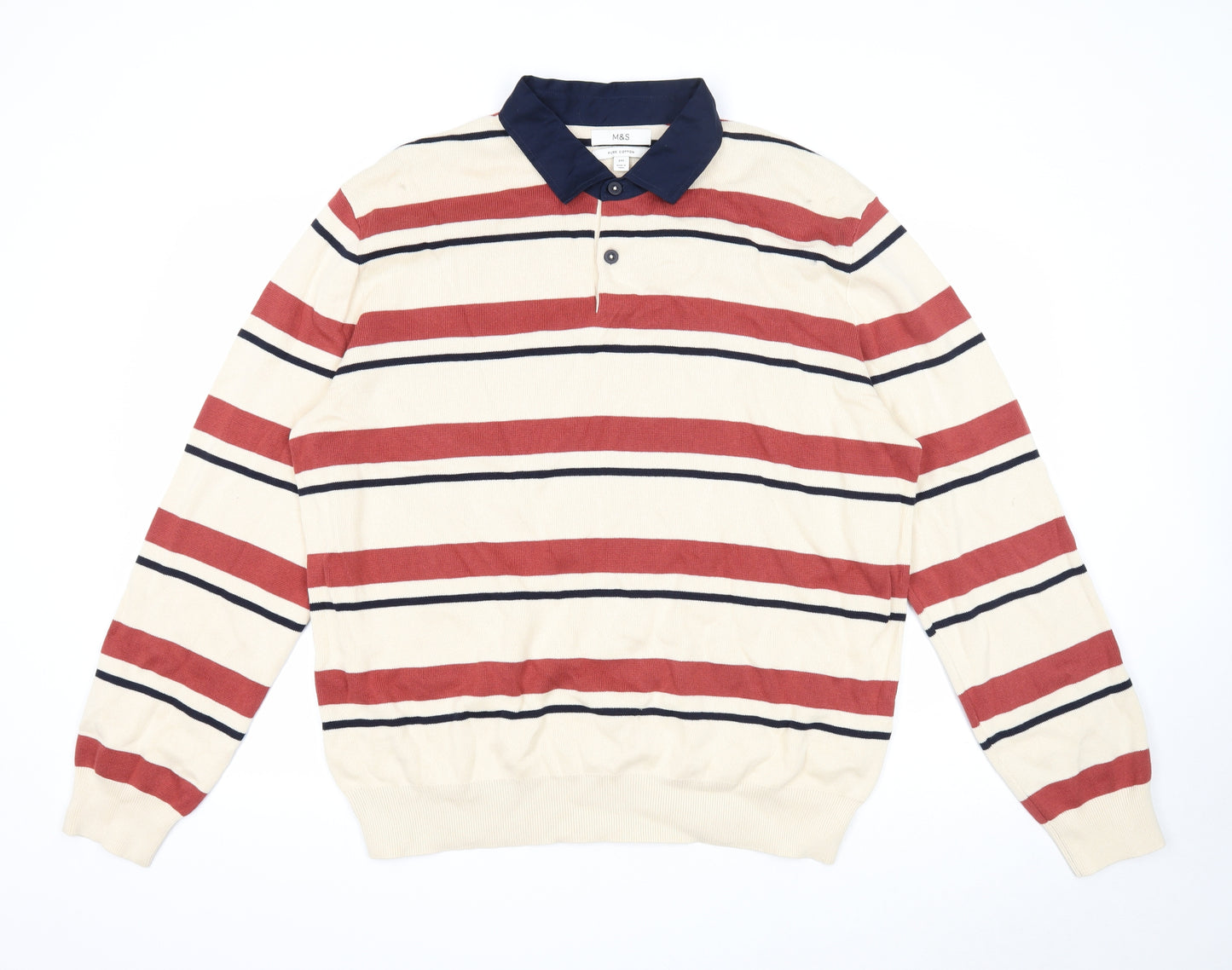 Marks and Spencer Mens Beige Collared Striped Cotton Pullover Jumper Size 3XL