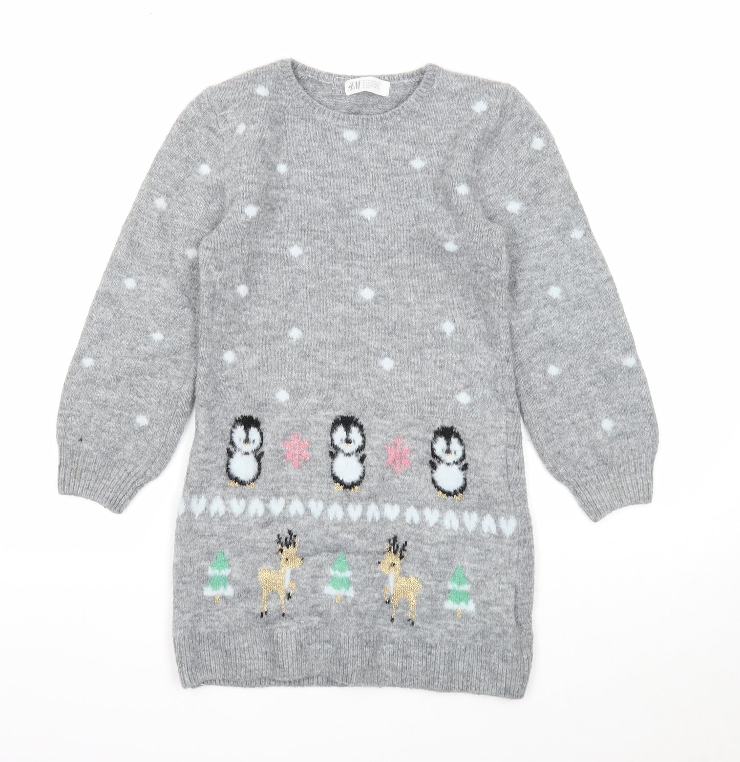 H&M Girls Grey Acrylic Jumper Dress Size 7-8 Years Round Neck Pullover - Christmas