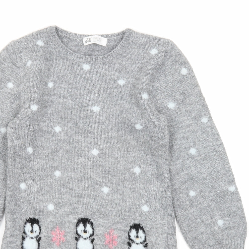 H&M Girls Grey Acrylic Jumper Dress Size 7-8 Years Round Neck Pullover - Christmas