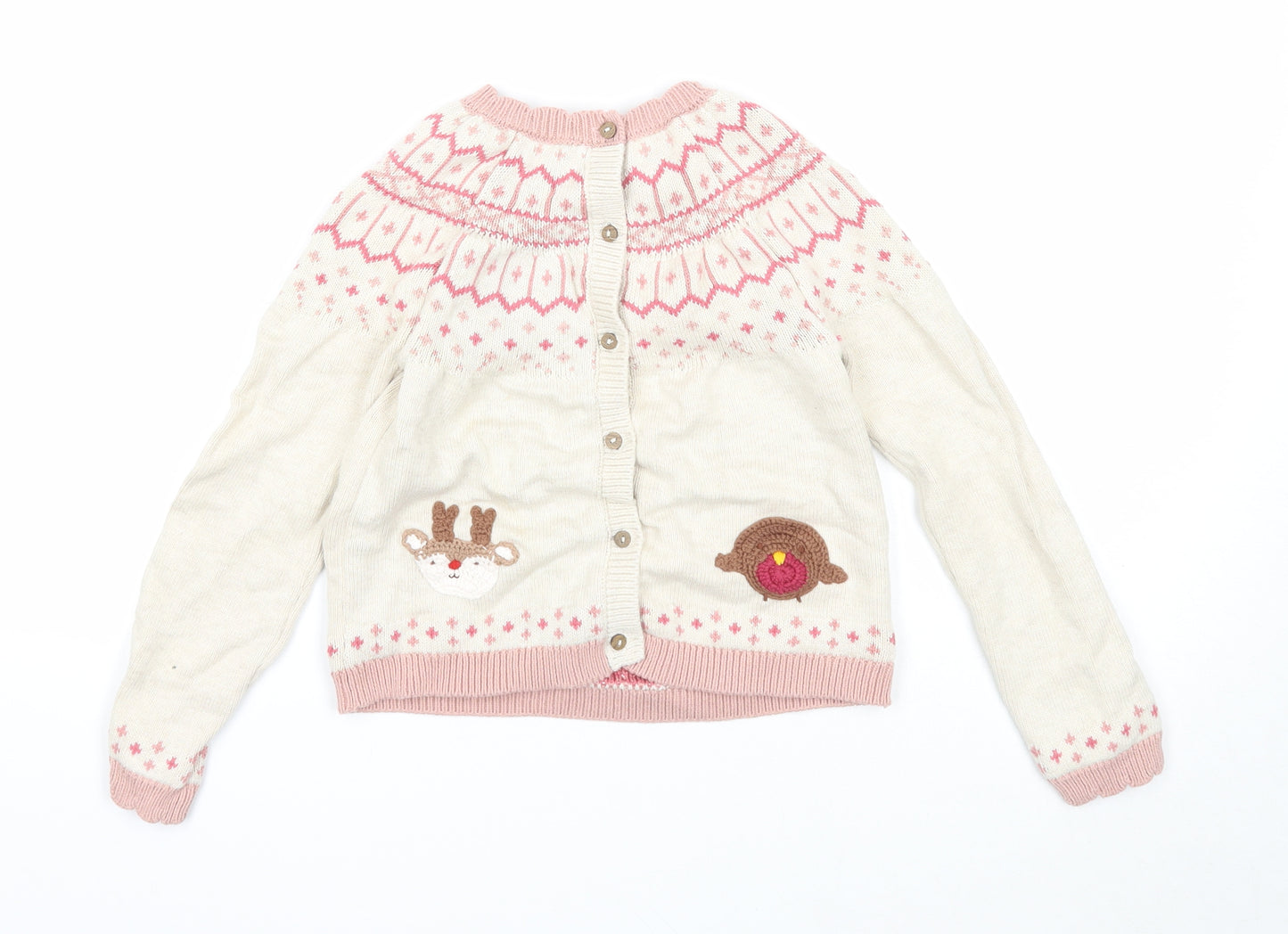 NEXT Girls Beige Round Neck Fair Isle Cotton Cardigan Jumper Size 6-7 Years Button - Christmas Rudolph Robin