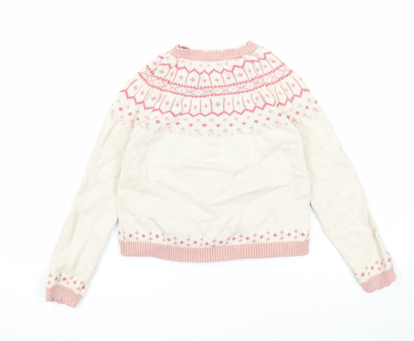 NEXT Girls Beige Round Neck Fair Isle Cotton Cardigan Jumper Size 6-7 Years Button - Christmas Rudolph Robin