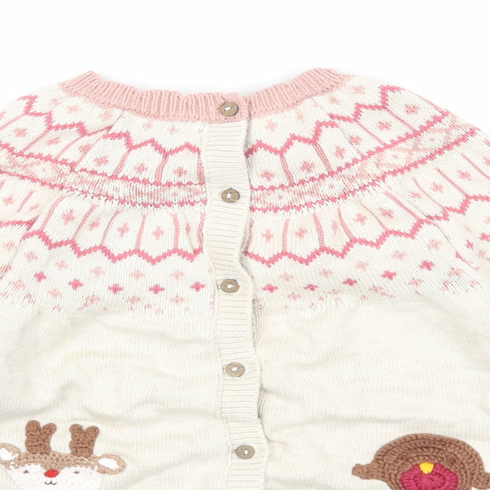 NEXT Girls Beige Round Neck Fair Isle Cotton Cardigan Jumper Size 6-7 Years Button - Christmas Rudolph Robin