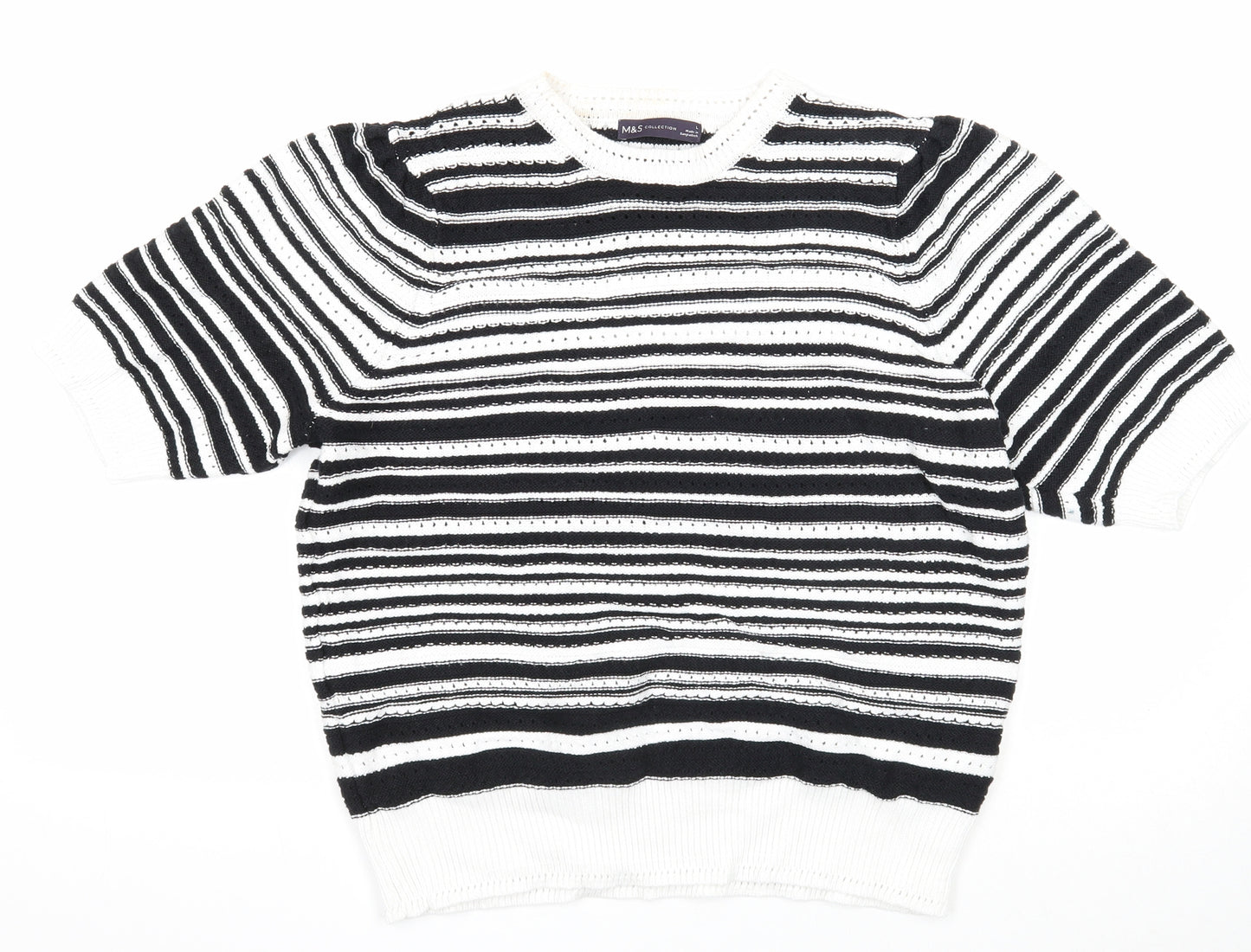 Marks and Spencer Womens White Round Neck Striped Cotton Pullover Jumper Size L