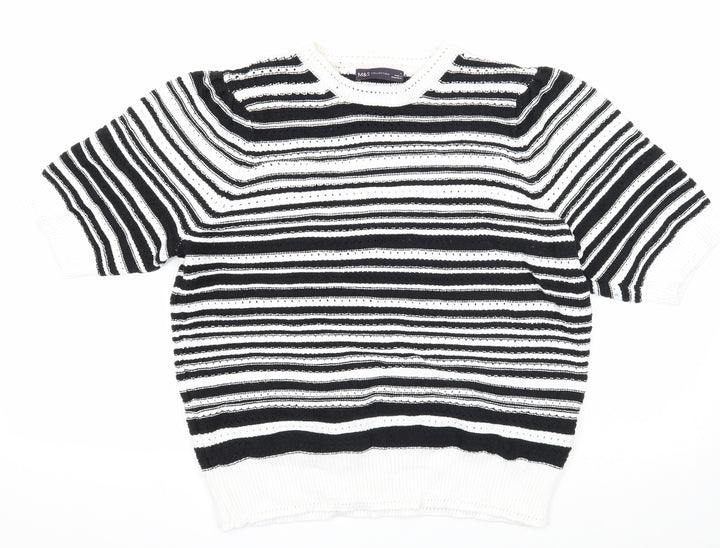 Marks and Spencer Womens White Round Neck Striped Cotton Pullover Jumper Size L