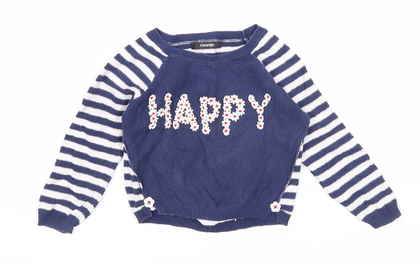 George Girls Blue Round Neck Striped Cotton Pullover Jumper Size 2-3 Years Pullover - Happy