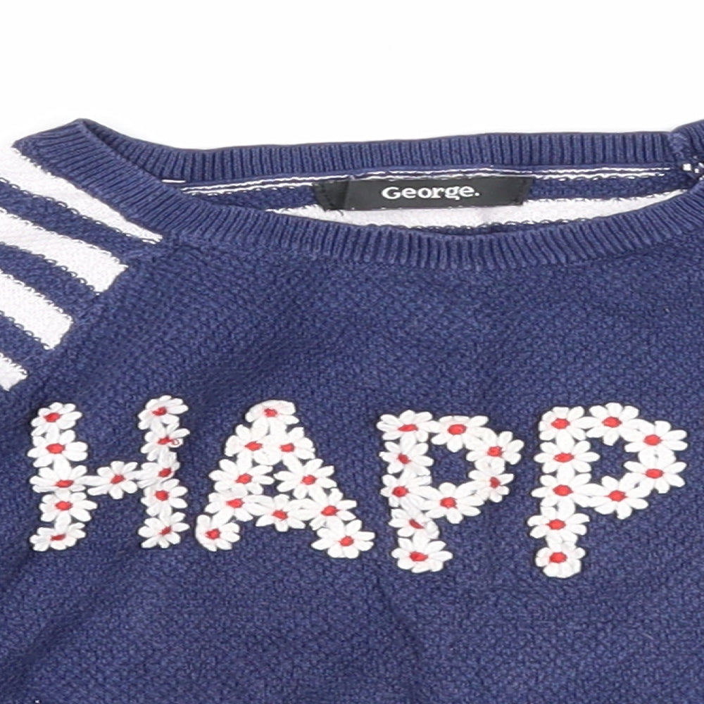 George Girls Blue Round Neck Striped Cotton Pullover Jumper Size 2-3 Years Pullover - Happy
