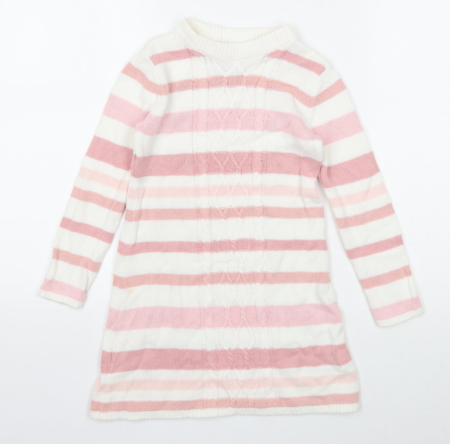 Nula Bug Girls White Striped Cotton Jumper Dress Size 4-5 Years Round Neck Pullover