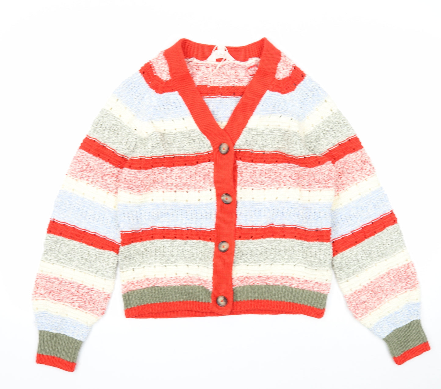 Per Una Womens Multicoloured V-Neck Striped Cotton Cardigan Jumper Size 12