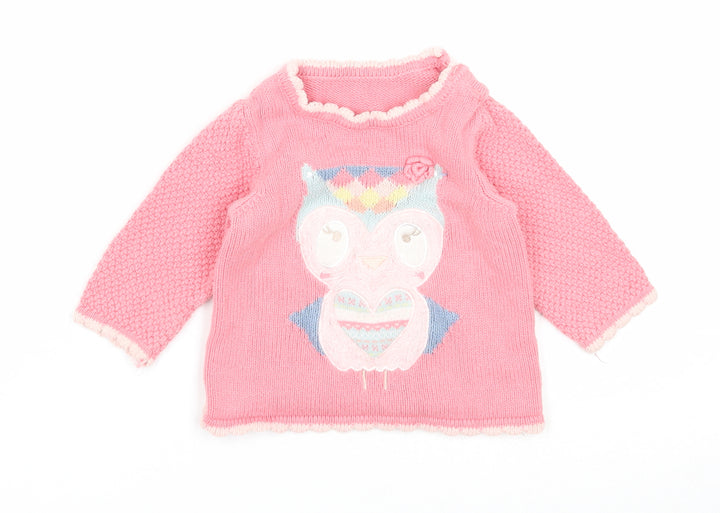Preworn Girls Pink Cotton Pullover Jumper Size 6-9 Months Button - Owl