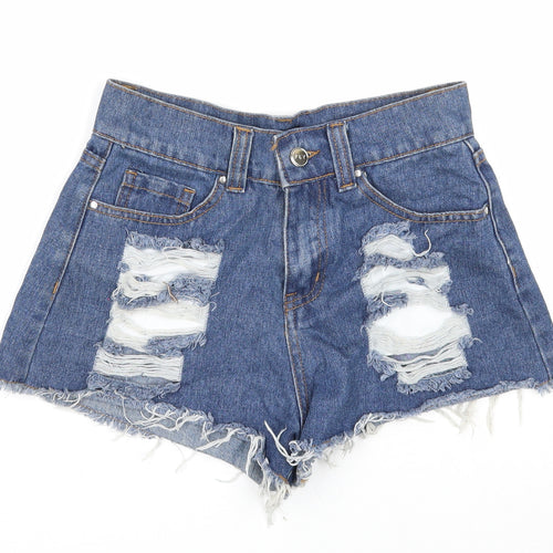 PRETTYLITTLETHING Womens Blue Cotton Cut-Off Shorts Size 4 Regular Zip