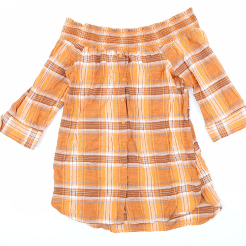 NEXT Womens Orange Plaid Cotton Basic Blouse Size 10 Boat Neck