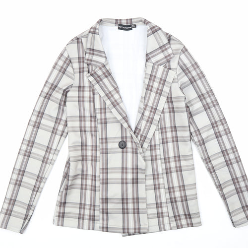 PRETTYLITTLETHING Womens Beige Plaid Jacket Size 8 Button