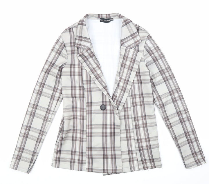 PRETTYLITTLETHING Womens Beige Plaid Jacket Size 8 Button