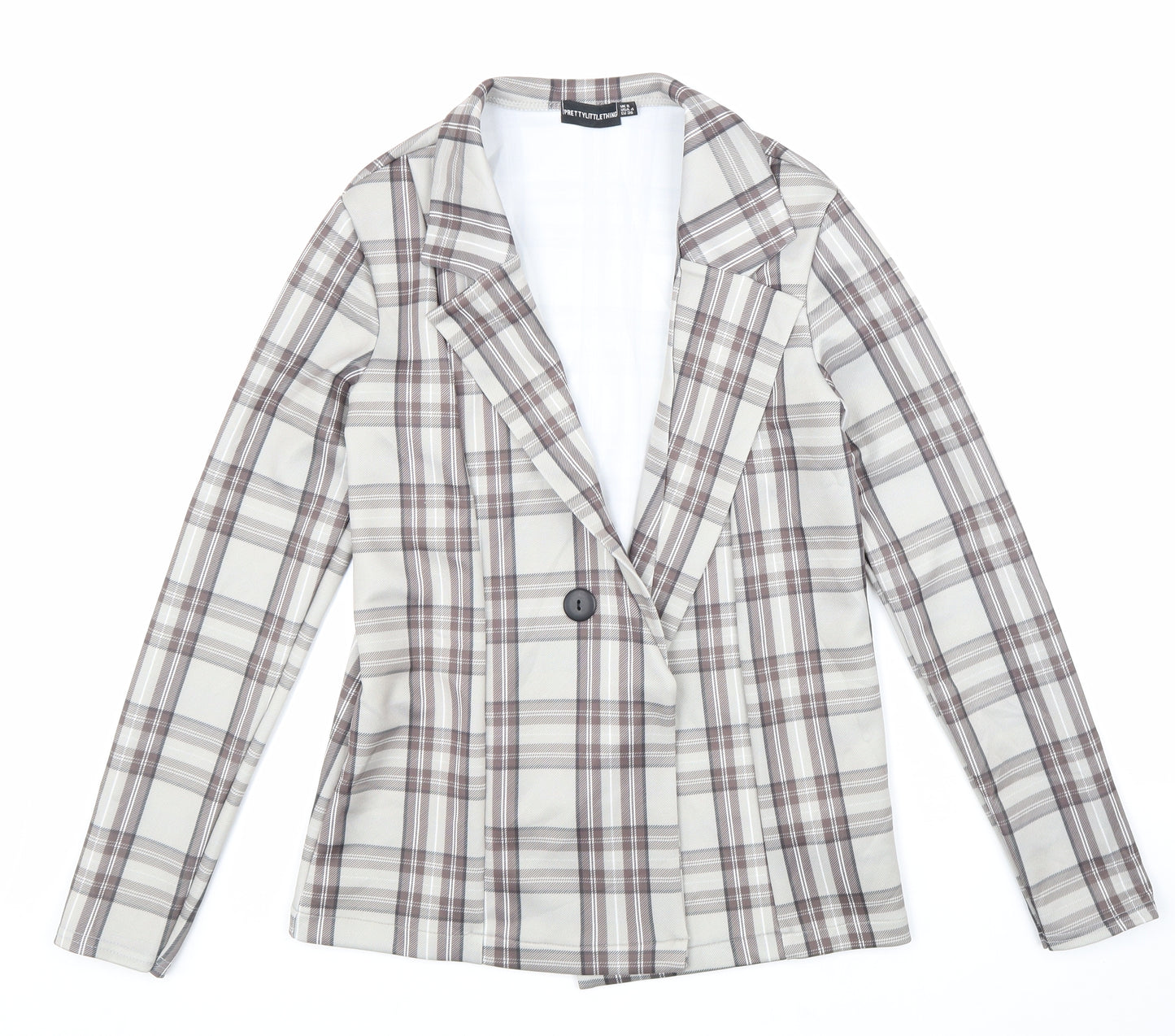 PRETTYLITTLETHING Womens Beige Plaid Jacket Size 8 Button