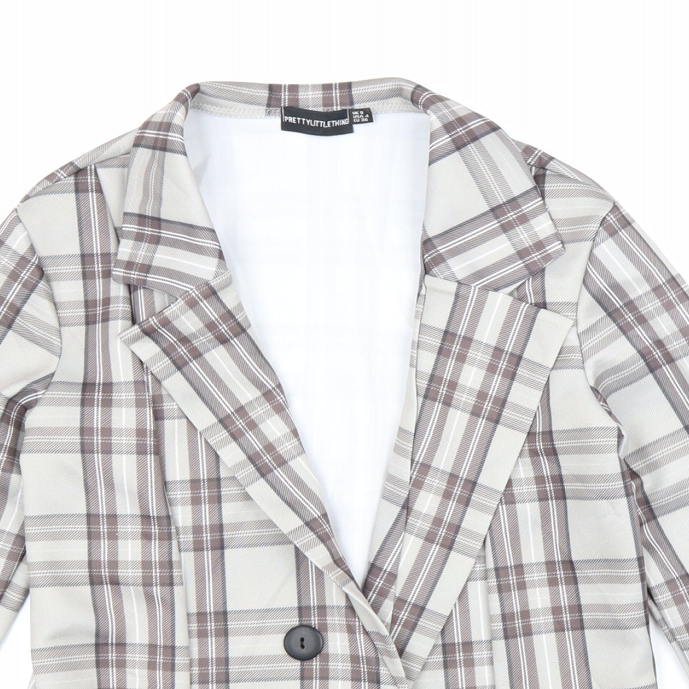 PRETTYLITTLETHING Womens Beige Plaid Jacket Size 8 Button