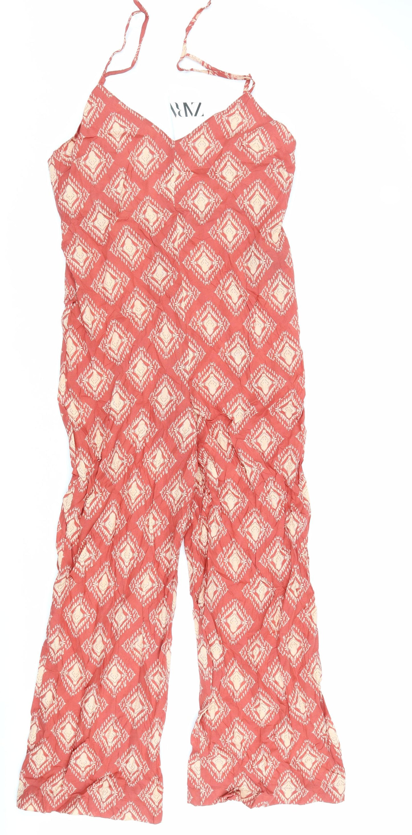 Zara Womens Red Geometric 100% Cotton Jumpsuit One-Piece Size M Zip