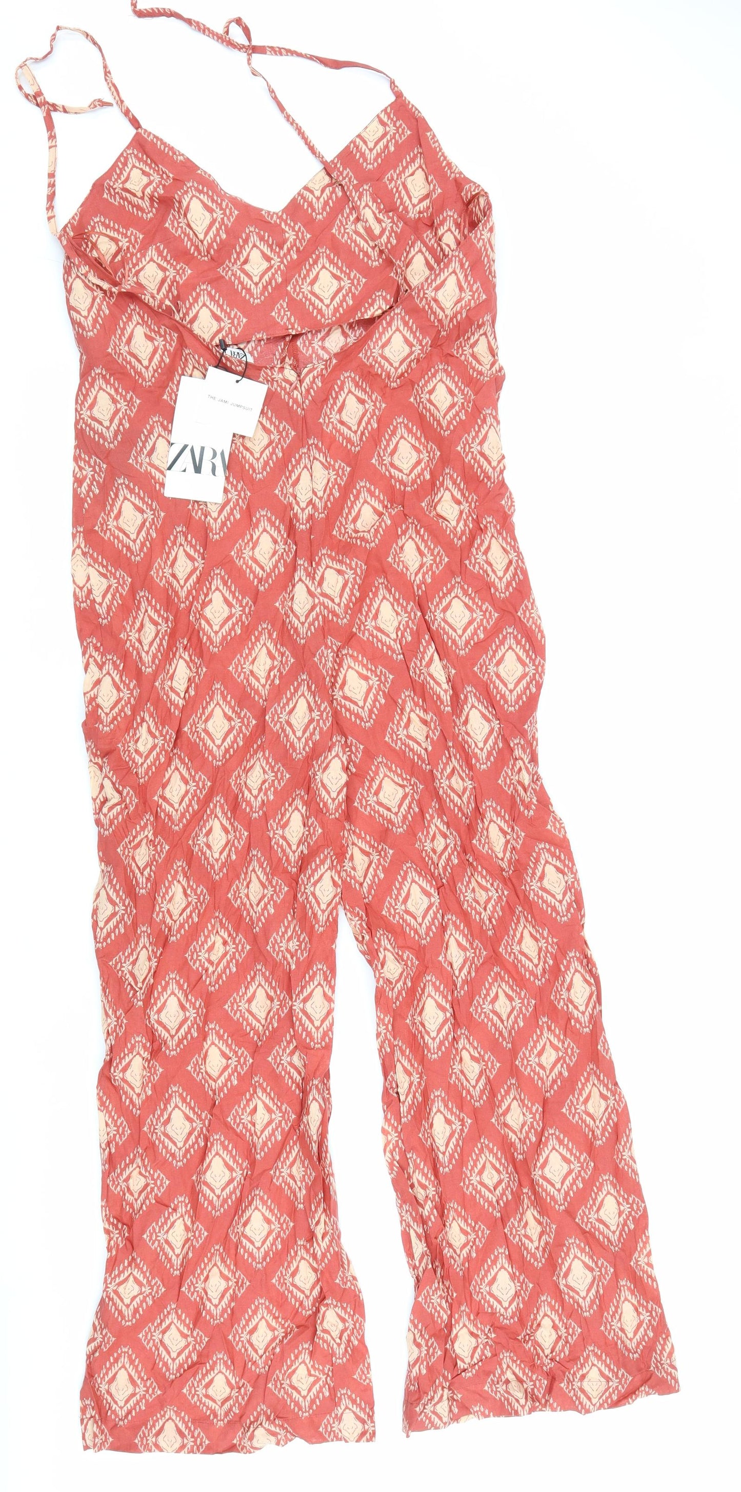 Zara Womens Red Geometric 100% Cotton Jumpsuit One-Piece Size M Zip