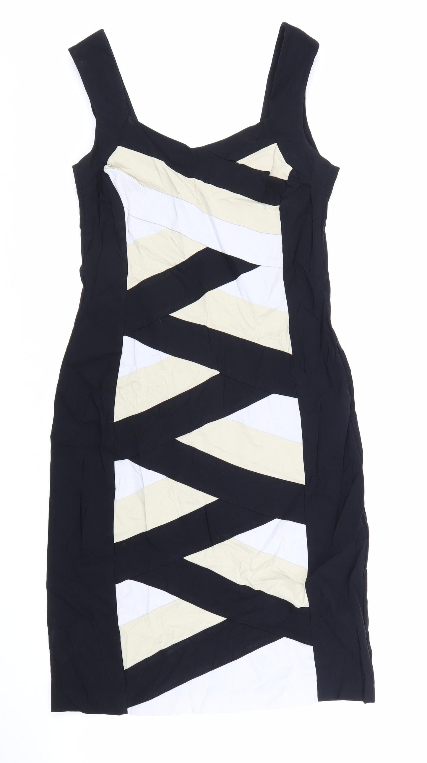 Star Womens Black Geometric Viscose Bodycon Size 14 V-Neck Zip