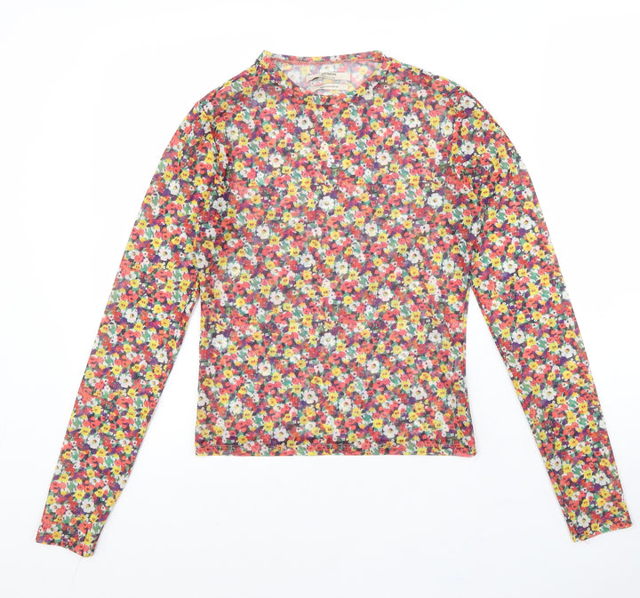 Pull&Bear Womens Multicoloured Floral Polyester Basic Blouse Size M Scoop Neck