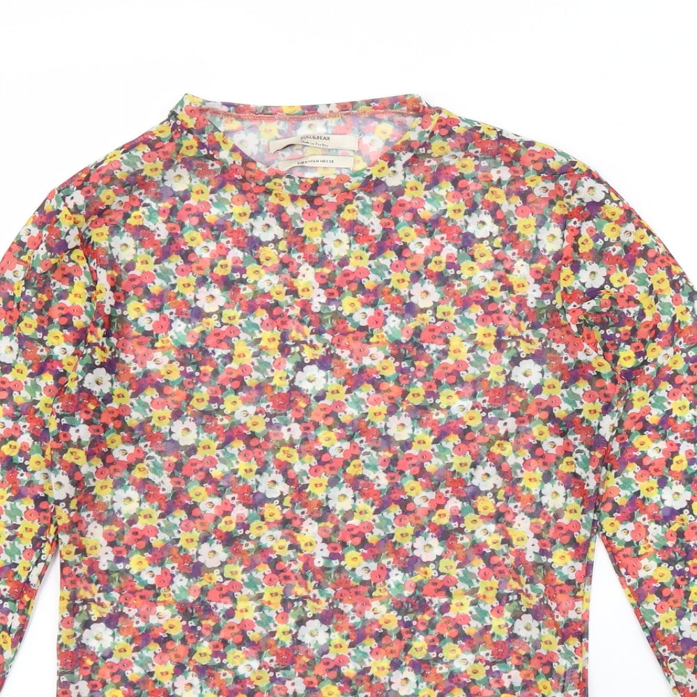 Pull&Bear Womens Multicoloured Floral Polyester Basic Blouse Size M Scoop Neck