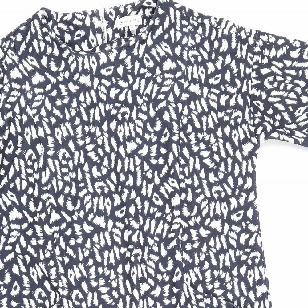 Warehouse Womens Blue Geometric Polyester T-Shirt Dress Size 12 Round Neck Zip