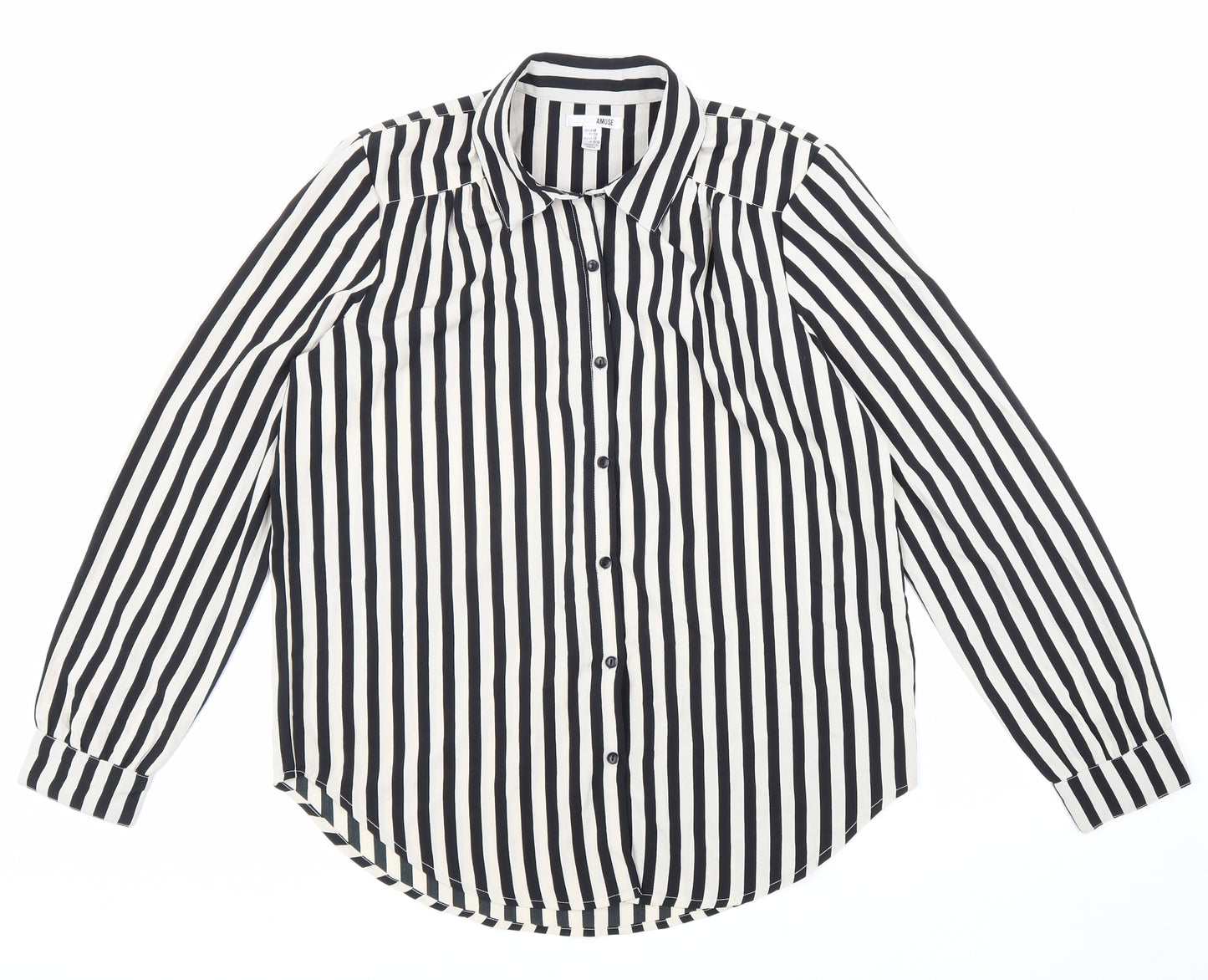 Society Amuse Womens Black Striped Polyester Basic Button-Up Size 10 Collared