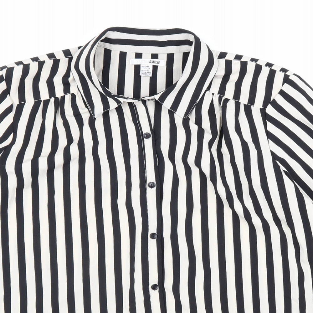 Society Amuse Womens Black Striped Polyester Basic Button-Up Size 10 Collared