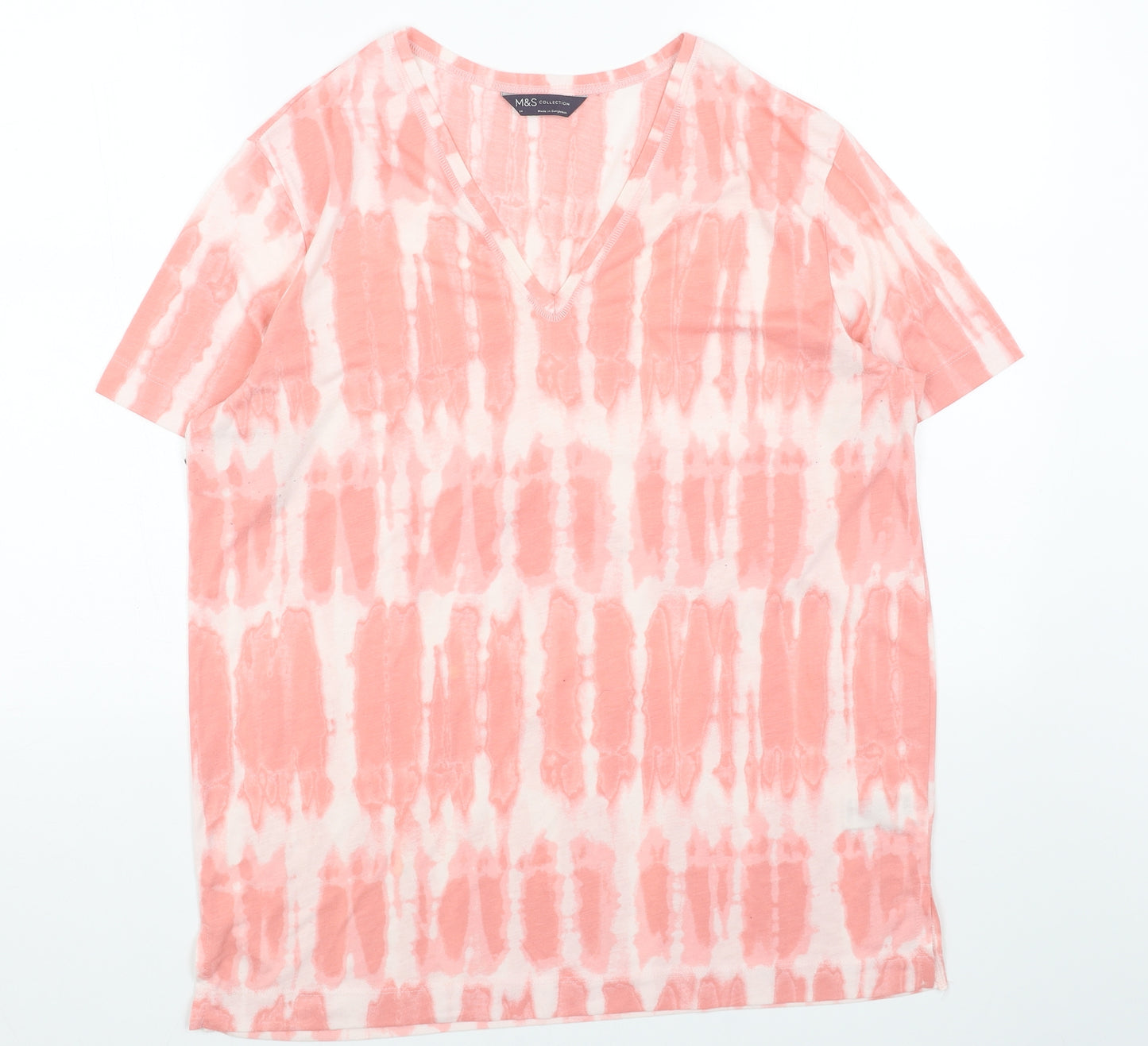 Marks and Spencer Womens Pink Geometric Polyester Basic T-Shirt Size 14 V-Neck - Tie Dye