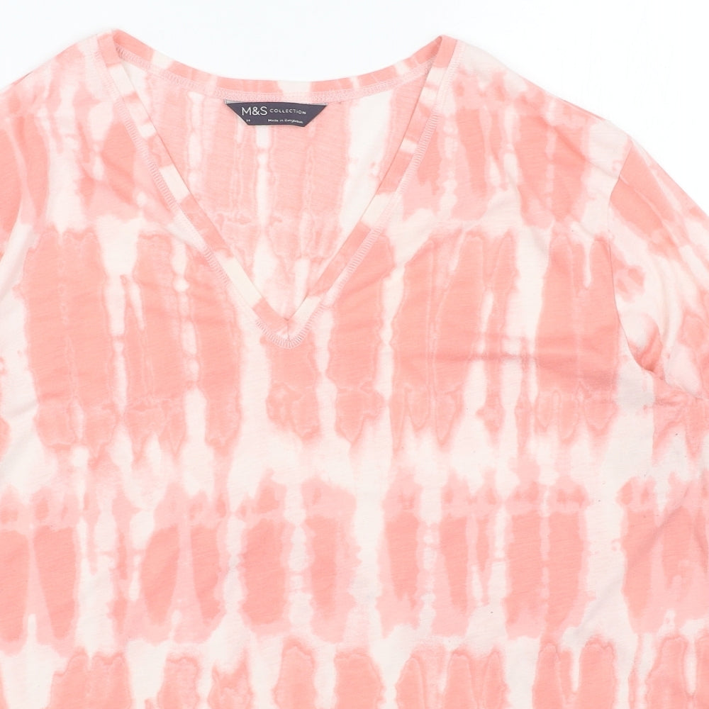 Marks and Spencer Womens Pink Geometric Polyester Basic T-Shirt Size 14 V-Neck - Tie Dye