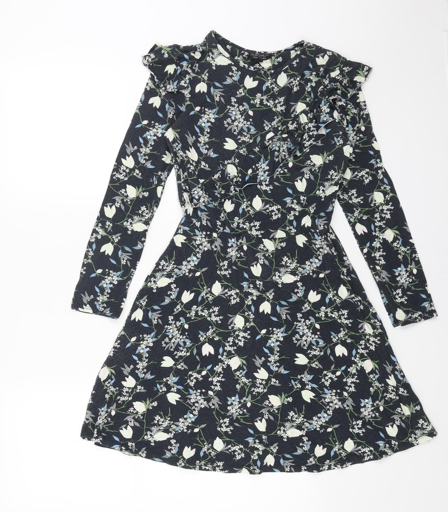 Topshop Womens Blue Floral Cotton Fit & Flare Size 6 Round Neck Pullover