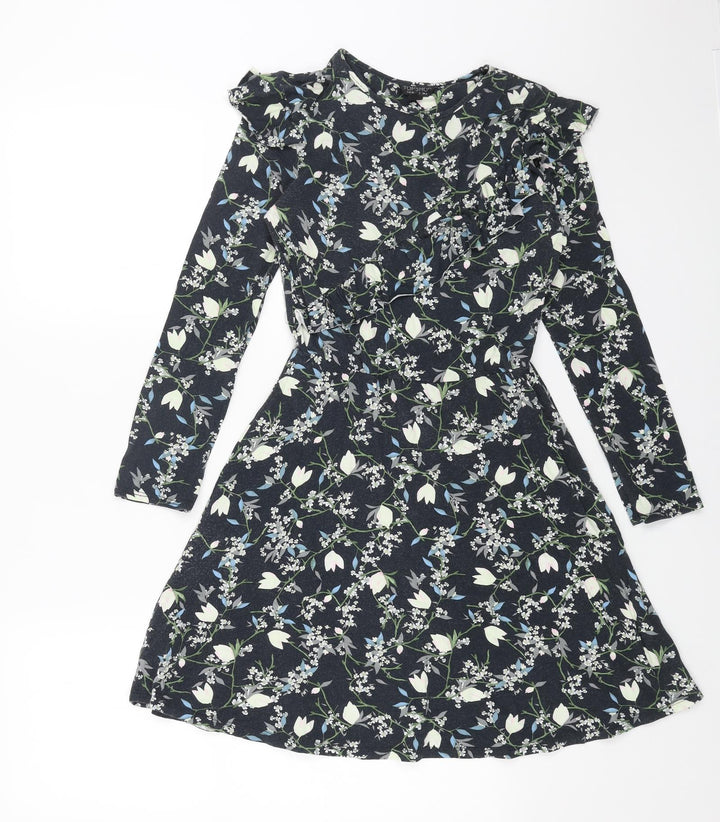 Topshop Womens Blue Floral Cotton Fit & Flare Size 6 Round Neck Pullover