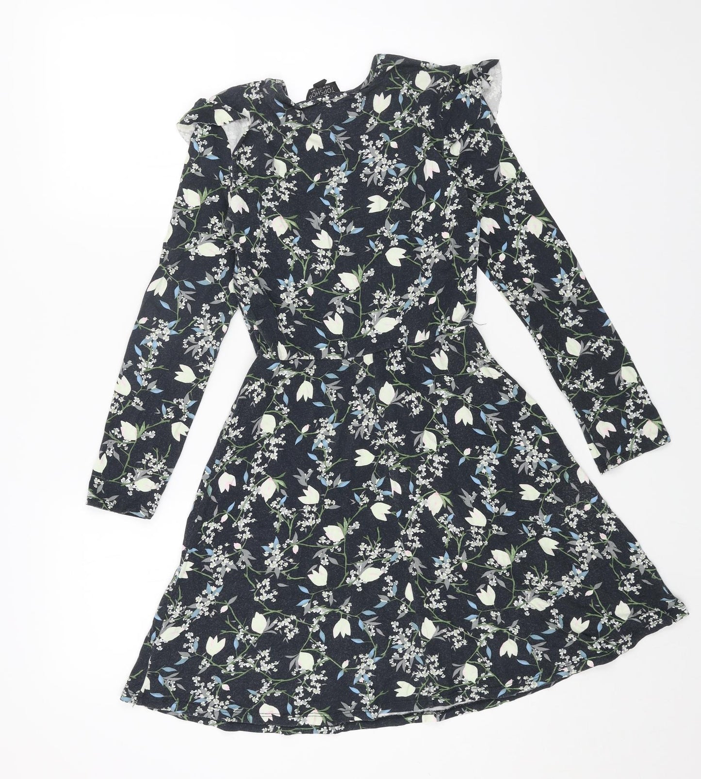 Topshop Womens Blue Floral Cotton Fit & Flare Size 6 Round Neck Pullover