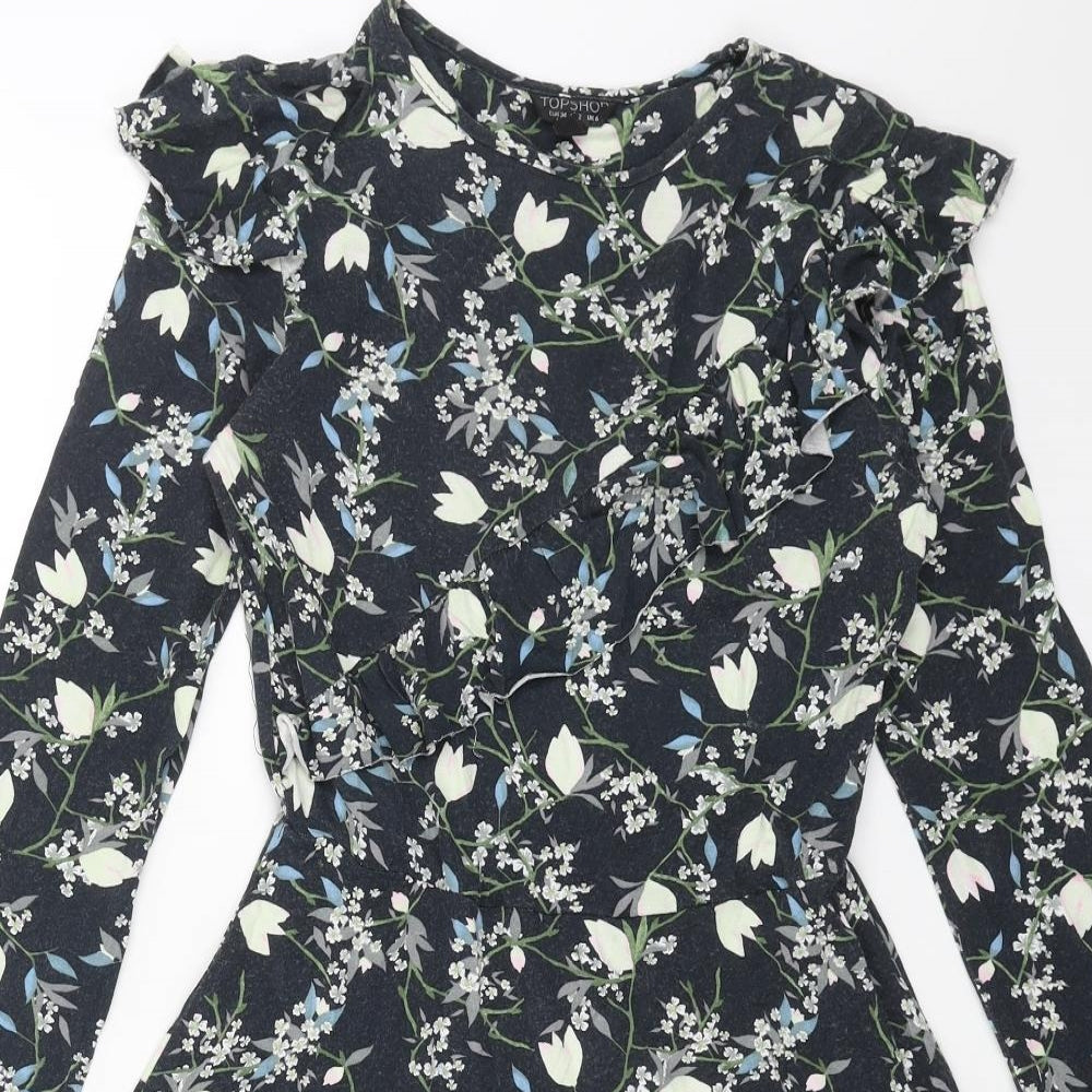 Topshop Womens Blue Floral Cotton Fit & Flare Size 6 Round Neck Pullover