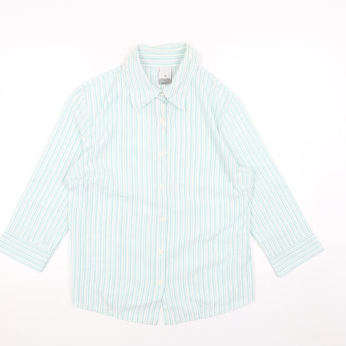 SOLUTIONS Womens Blue Striped Viscose Basic Button-Up Size 14 V-Neck