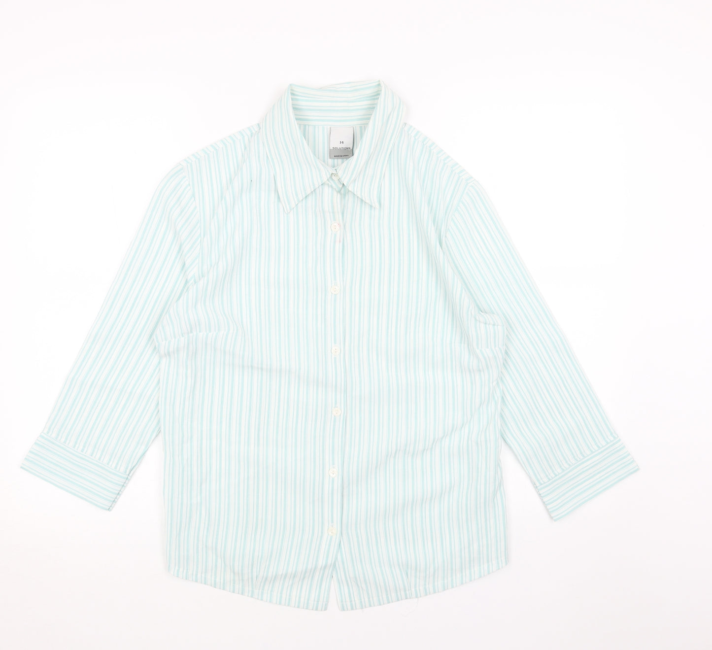 SOLUTIONS Womens Blue Striped Viscose Basic Button-Up Size 14 V-Neck