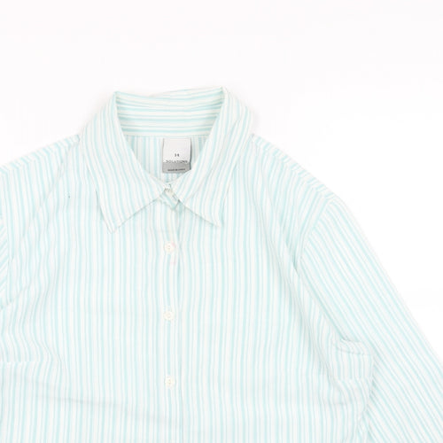 SOLUTIONS Womens Blue Striped Viscose Basic Button-Up Size 14 V-Neck
