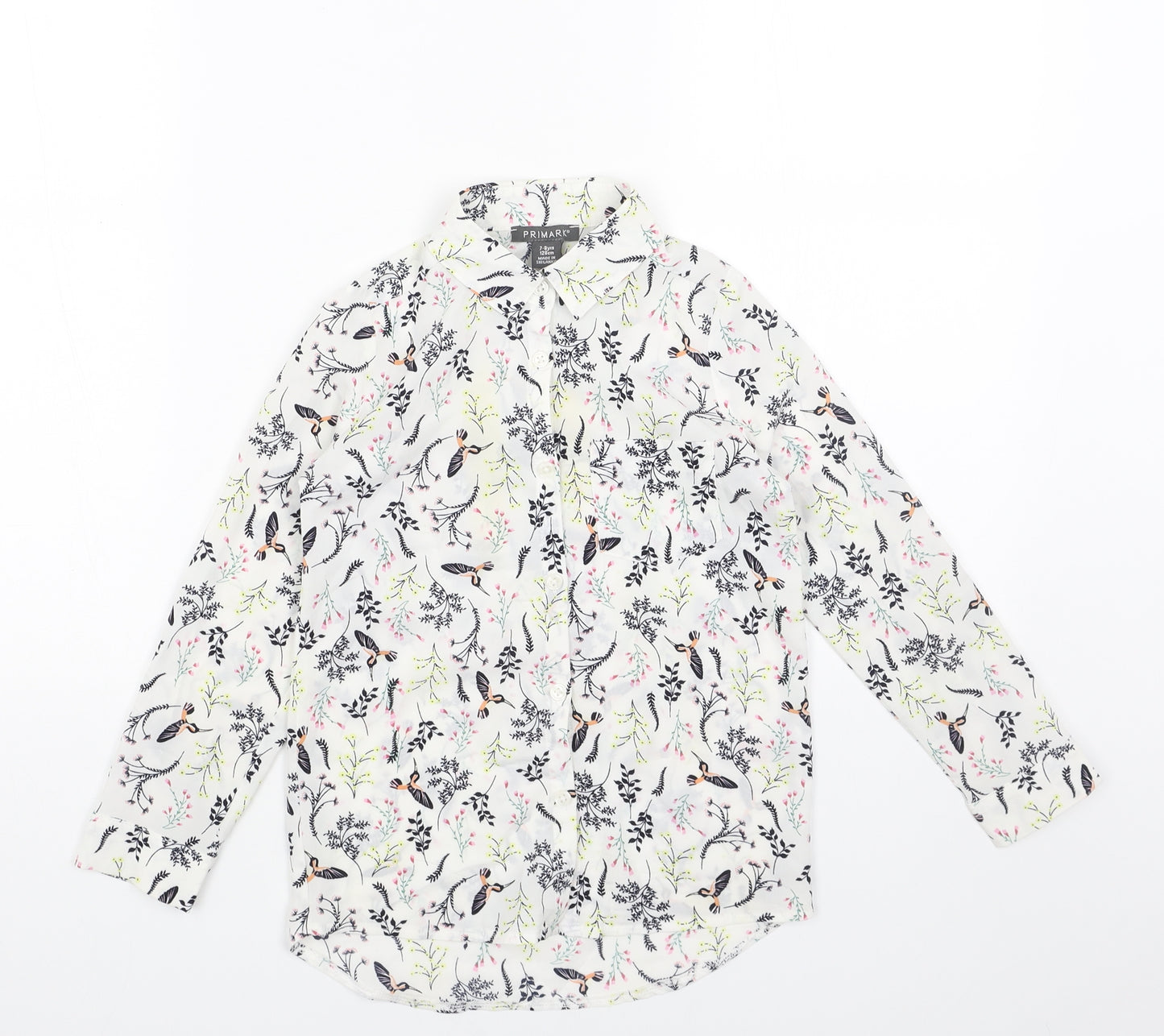 Primark Girls White Geometric Polyester Basic Button-Up Size 8-9 Years Collared Button