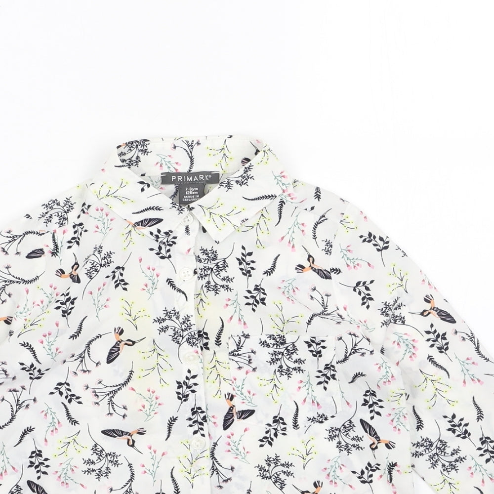 Primark Girls White Geometric Polyester Basic Button-Up Size 8-9 Years Collared Button