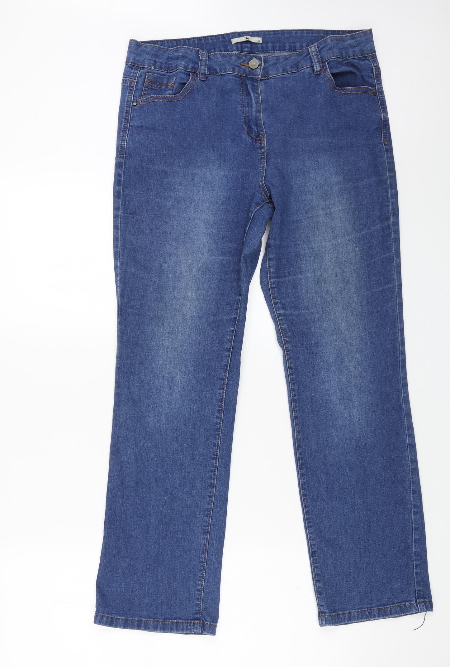 TU Womens Blue Cotton Straight Jeans Size 14 L27 in Slim Button