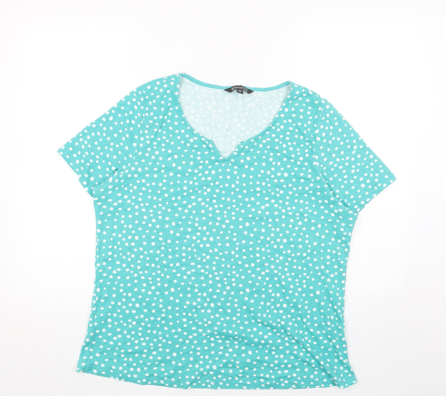 Bonmarché Womens Blue Geometric Cotton Basic T-Shirt Size 20 V-Neck