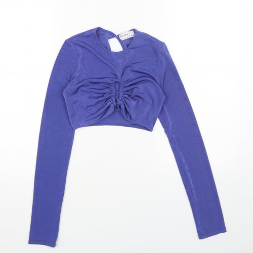 Bershka Womens Blue Polyester Cropped Blouse Size S Scoop Neck - Cut Out Front Detail