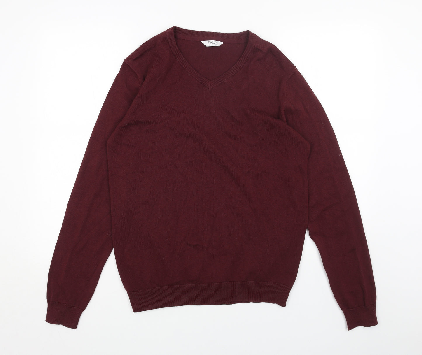 Marks and Spencer Boys Red V-Neck Acrylic Pullover Jumper Size 14-15 Years Pullover