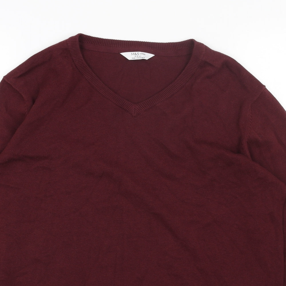 Marks and Spencer Boys Red V-Neck Acrylic Pullover Jumper Size 14-15 Years Pullover