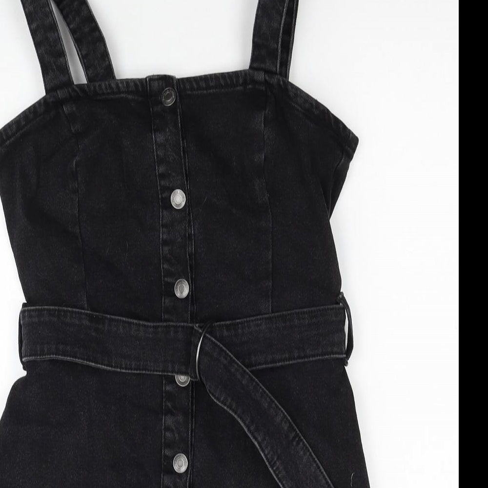Bershka Womens Blue Cotton Pinafore/Dungaree Dress Size S Square Neck Button