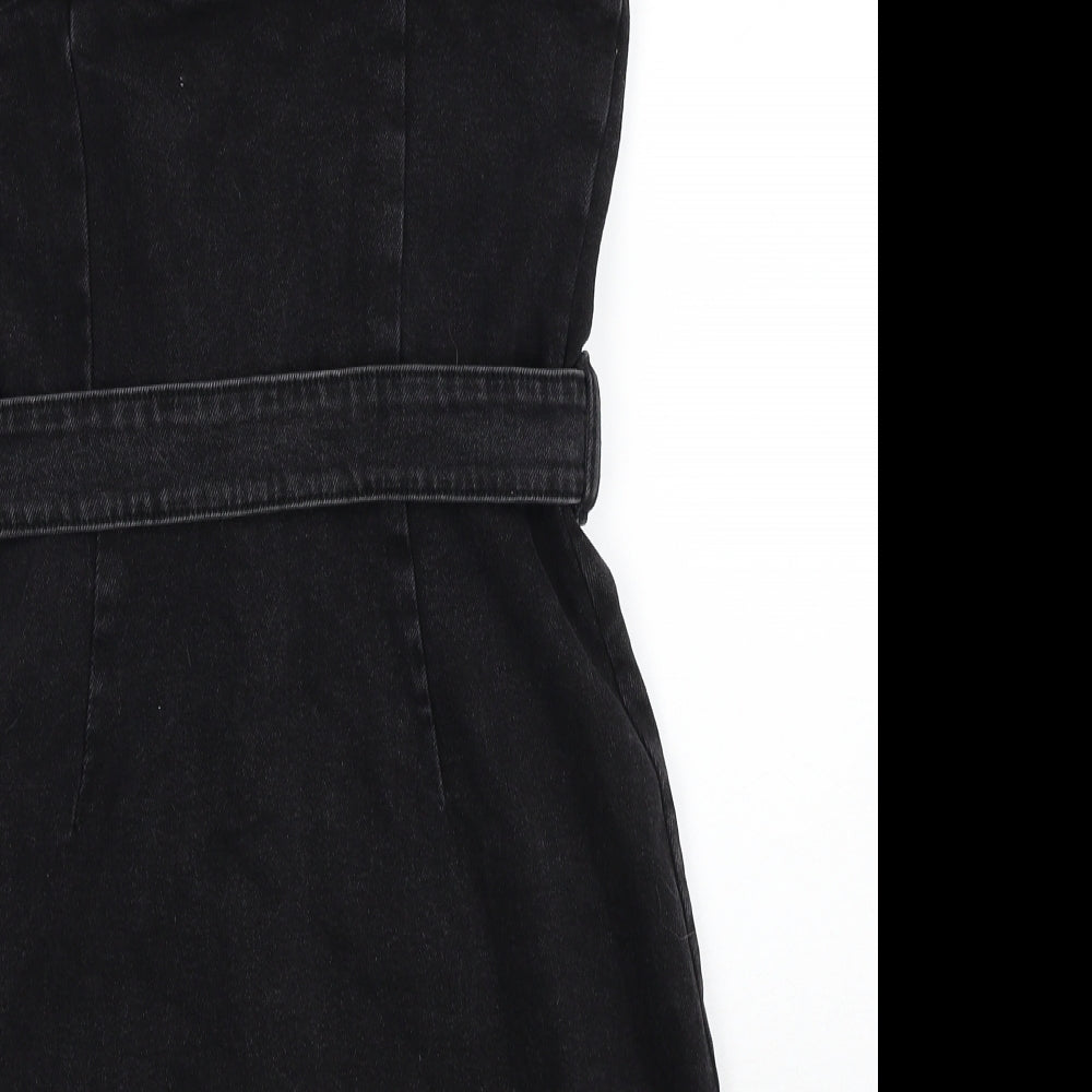 Bershka Womens Blue Cotton Pinafore/Dungaree Dress Size S Square Neck Button