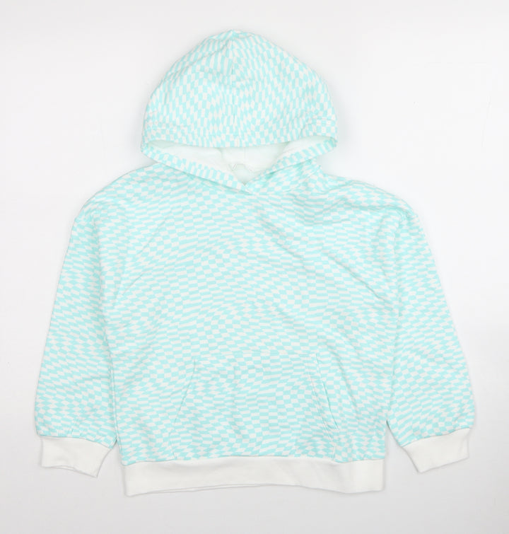 Marks and Spencer Girls Blue Plaid Cotton Pullover Hoodie Size 9-10 Years Pullover