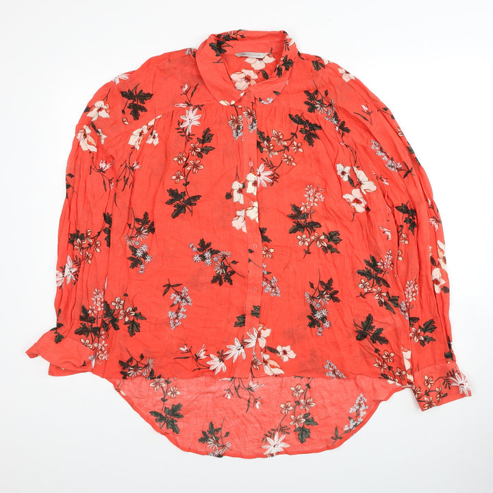 Marks and Spencer Womens Red Geometric Viscose Basic Button-Up Size 14 V-Neck