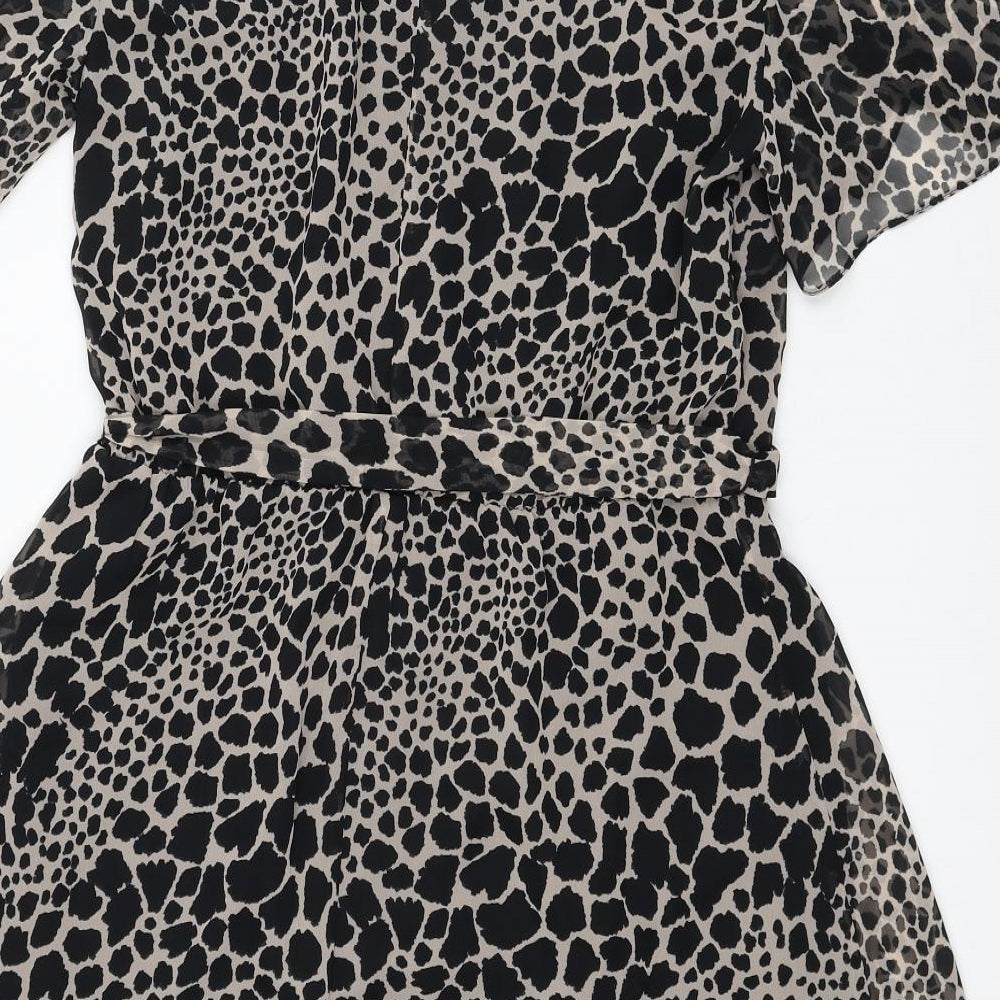 Friends Like These Womens Black Animal Print Polyester Fit & Flare Size 10 Round Neck Button - Leopard Pattern