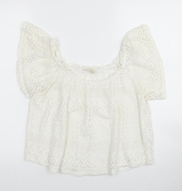 FOREVER 21 Womens White Geometric Cotton Basic Blouse Size M Square Neck - Bardot